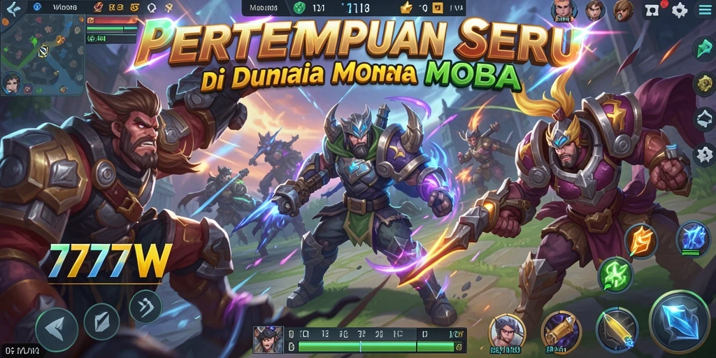 Screenshot gameplay 7777W menunjukkan pertarungan karakter MOBA yang seru.