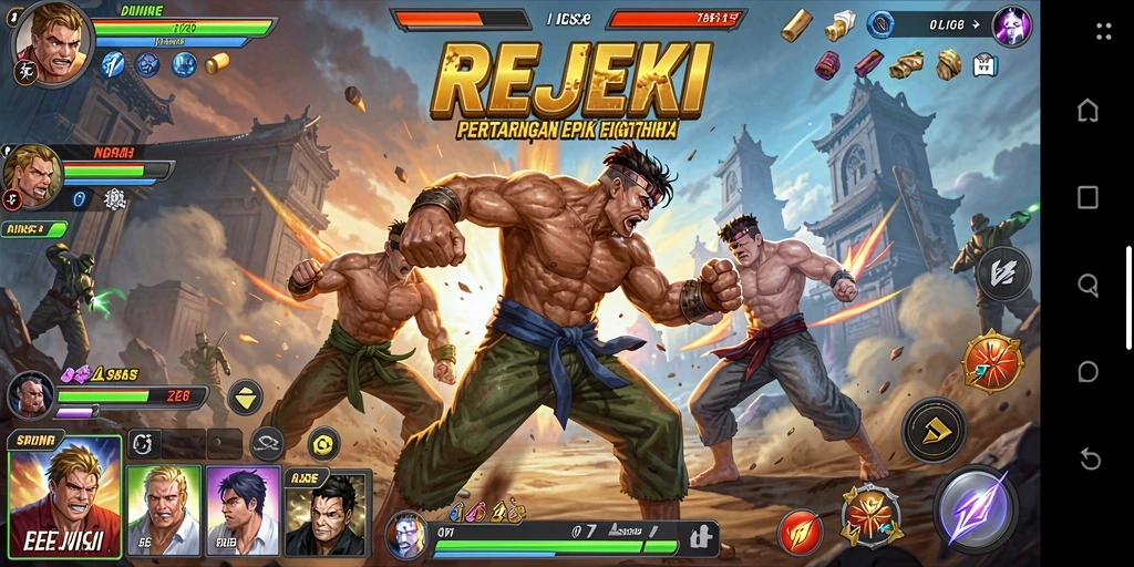 Screenshot gameplay menampilkan aksi pertarungan yang menegangkan di REJEKI.